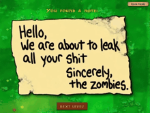 a note that says hello we are about to leak all your shit sincerely zombies