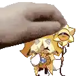 a cartoon character is being held up by a person holding a flower .