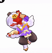 a cartoon character is wearing a purple shirt and pants with wings