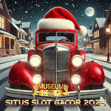 a red car wearing a santa hat is driving down a snow covered street