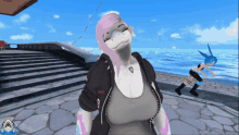 a video game character with a hoodie that says " shark " on it