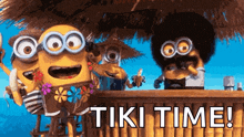 a group of minions sitting at a tiki bar with the words tiki time written below them