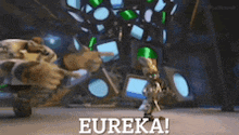 a cartoon character is standing in front of a building with the words eureka written on it .
