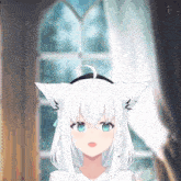 a girl with white hair and blue eyes is wearing a cat ear headband