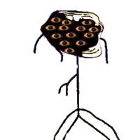 a drawing of a troll face with many eyes