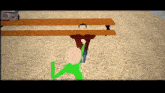 a man in a red shirt is standing under a wooden table