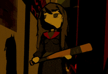a cartoon of a girl holding a baseball bat in a dark hallway