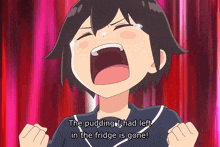 a cartoon of a girl crying with the words " the pudding i had left in the fridge is gone "