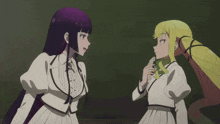 two anime girls are fighting each other and one has a purple hair color