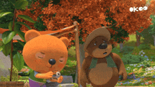 two teddy bears are standing next to each other in a park with the word ok on the bottom left