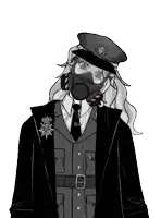 a black and white drawing of a person wearing a gas mask and a hat