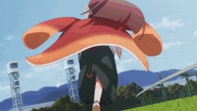 a cartoon character with a red cape is running on a field