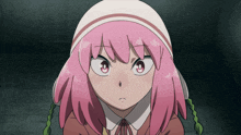 a cartoon girl with pink hair and a white hat