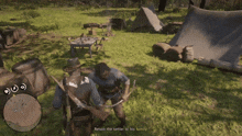 a man in a cowboy hat is standing next to barrels in a video game and says return the settler to his family