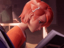 a girl with red hair is reading a book with a cat ear clip in her hair