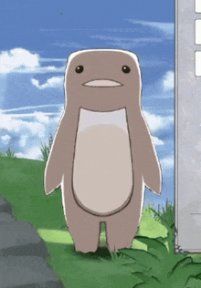 a cartoon penguin is standing on a grassy hillside