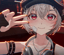 a girl with headphones and a bandage on her face is giving a peace sign