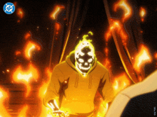 a cartoon character with a skull on his head is surrounded by flames and a dc logo