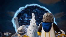 two lego figures are standing in front of a display that says watch now