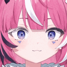 a close up of a pink anime girl with blue eyes