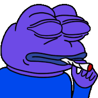 a purple frog with a blue shirt is smoking a joint