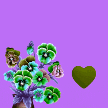 a purple background with green and blue flowers and a heart