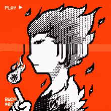a pixel art drawing of a person with a play button