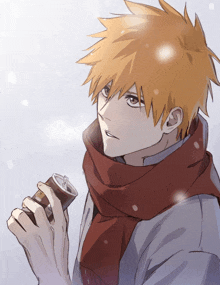 a man with orange hair wearing a scarf and holding a can of soda