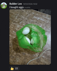 a green bag of eggs sits on a table next to a builder leo