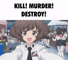 a girl is taking a selfie with the words `` kill ! murder ! destroy ! '' written above her .