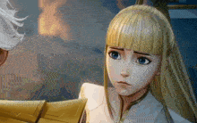 a girl with blonde hair and blue eyes is looking at something