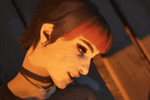 a close up of a person 's face with red hair and a choker