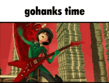 a cartoon character is playing a guitar in front of a stack of money .