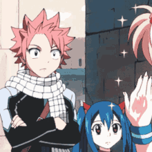 a boy with red hair and a girl with blue hair are standing next to each other with their arms crossed