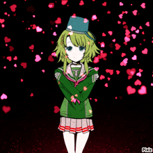 a girl with green hair and a blue hat is surrounded by pink hearts and says pixiz at the bottom