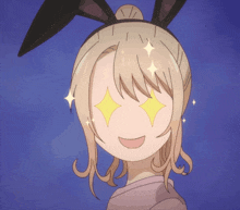 a girl with bunny ears on her head is smiling with her eyes glowing