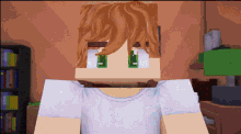 a cartoon character with a white shirt and green eyes