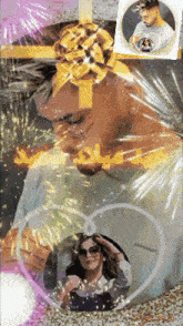 a picture of a man with a bow on his head and a picture of a woman in a heart frame