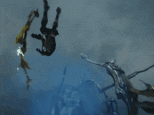 a person is flying through the air in front of a giant robot