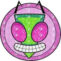 a cartoon character with pink and green eyes and a smile on his face is in a pink and green circle .