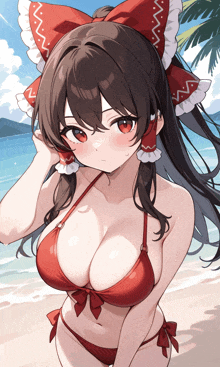 a girl in a red bikini with a red and white headband