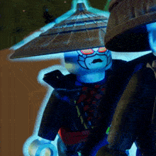 a lego figure wearing a straw hat and sunglasses stands in a dark room