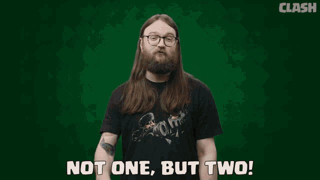 two men with long hair and glasses are standing next to each other with the words 