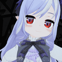 a close up of a girl with purple hair and red eyes with the number 96 on the bottom