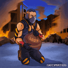 a cartoon of a man kneeling down holding a bag that says loot