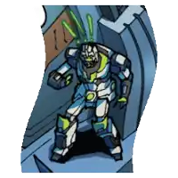 a cartoon drawing of a robot standing in front of a door