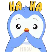 a cartoon penguin is laughing with the words ha ha pengu above it