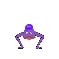 a cartoon character with long legs and a hat that says npc on it