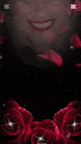 a woman with glasses and red lipstick is smiling with red roses in the background