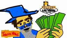 a cartoon of a man holding money in front of a sign that says welcome to fabulous las vegas